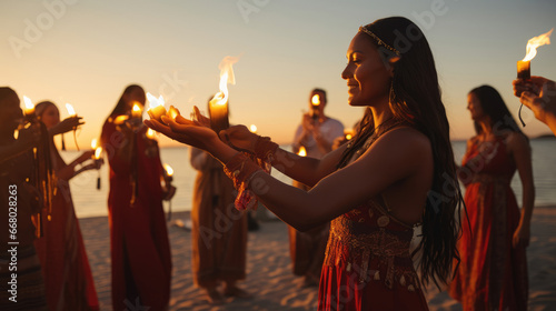 Two friends one South Asian and the other Native American release lanterns at a beach celebrating unity amidst cultural diversity. photo