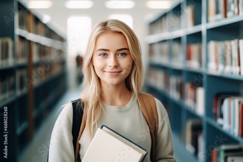 Smiling cute pretty blond girl, positive female teenage high school student holding backpack and books, looking at camera standing in modern university or college campus library. photo
