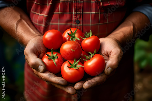 Farmer holding fresh tomatoes at sunset, food, vegetables, agriculture,closeup.