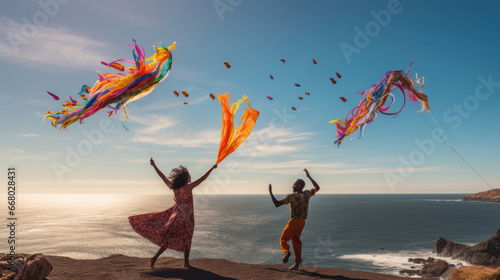 Friends fly colorful kites.