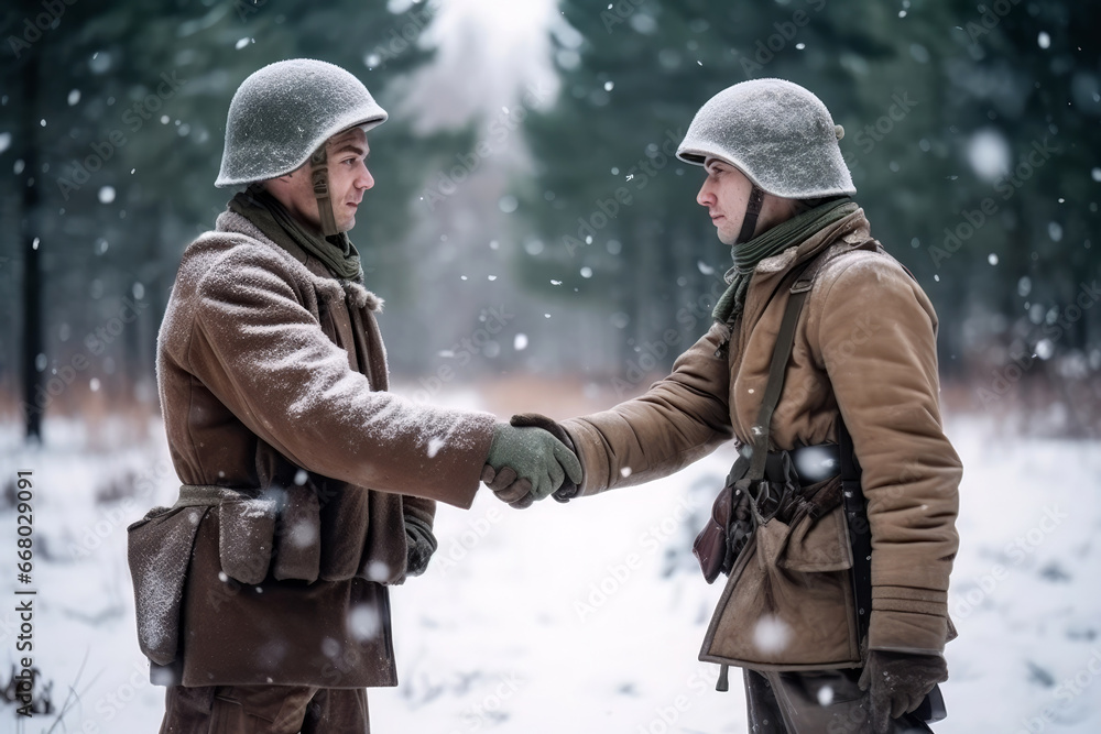 Soldiers with old uniform shake hands on a battlefield in winter Soldiers with old uniform shake hands on a battlefield in winter