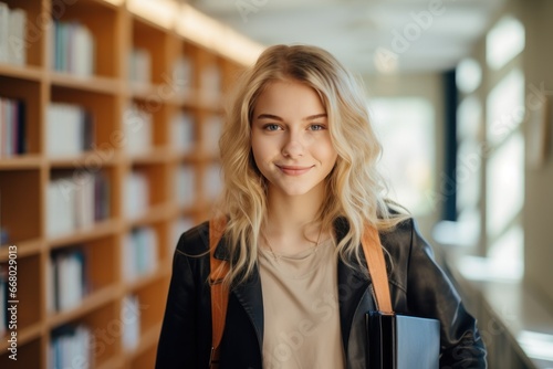 Smiling cute pretty blond girl, positive female teenage high school student holding backpack and books, looking at camera standing in modern university or college campus library. photo