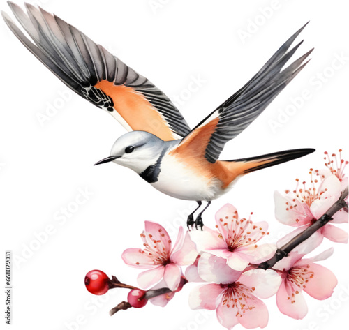 Watercolor paintings of colorful Scissor-tailed flycatcher birds.   photo