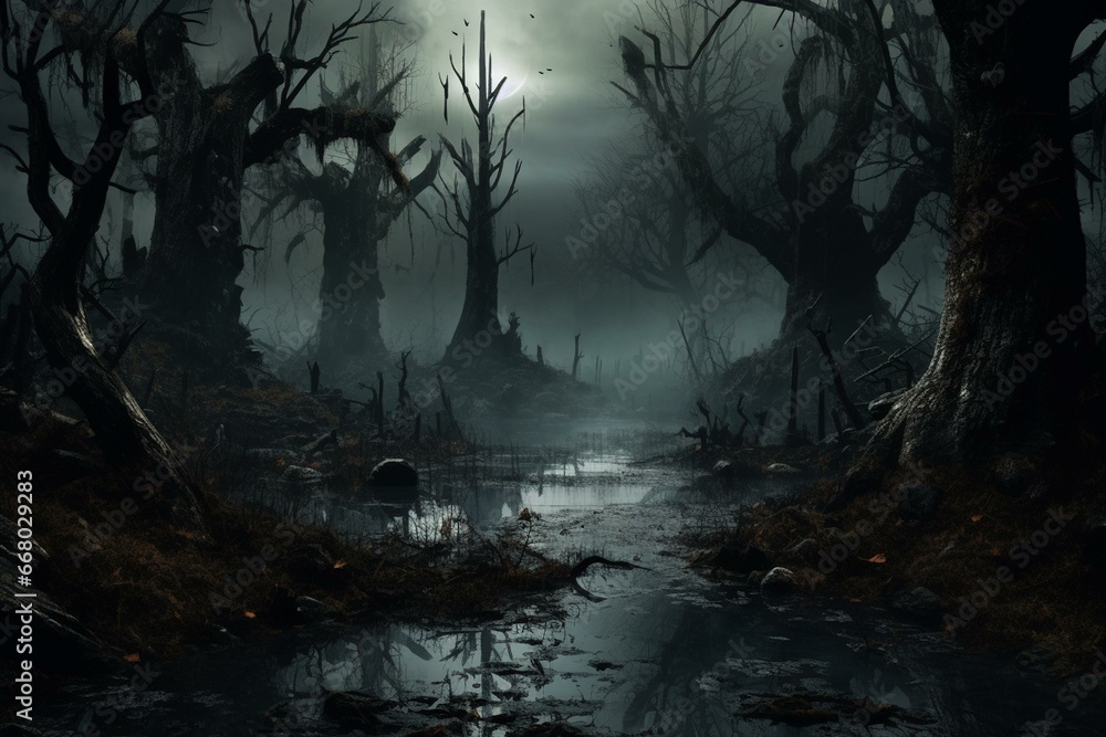 A haunting, eerie forest landscape created through digital art, with a spooky atmosphere perfect for Halloween. Generative AI