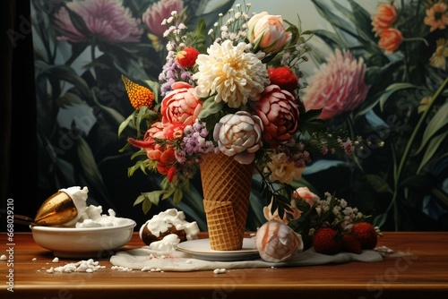 an ice cream cone with flowers on a table in front of vases with flowers. Generative AI