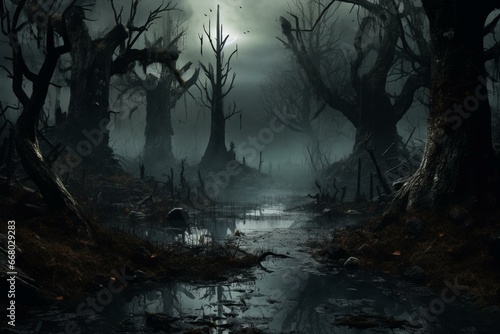 A haunting  eerie forest landscape created through digital art  with a spooky atmosphere perfect for Halloween. Generative AI