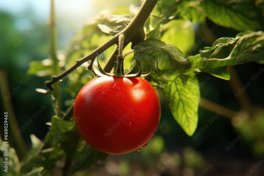 Ripe tomato on a branch in a greenhouse