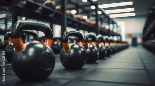 Kettlebells on rack in well-organized gym. No individuals.