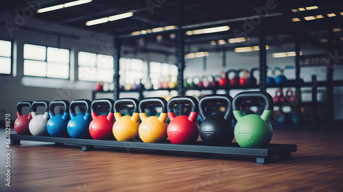 Kettlebells on rack in well-organized gym. No individuals.