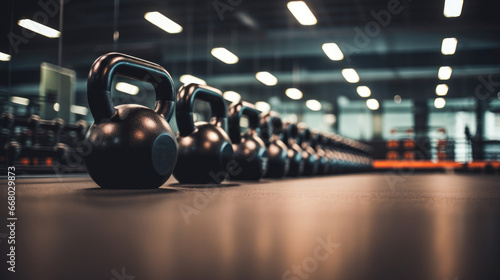 Kettlebells on rack in well-organized gym. No individuals.