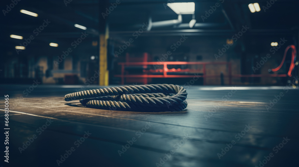 Focused shot of battle rope anchor in gym. - obrazy, fototapety, plakaty 