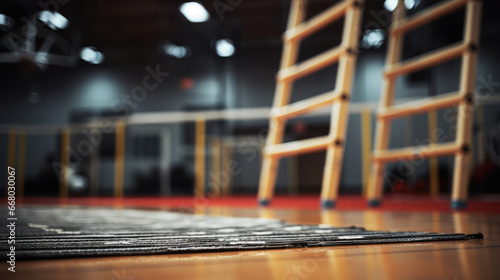 Up-close look at agility ladder rungs on gym floor. photo