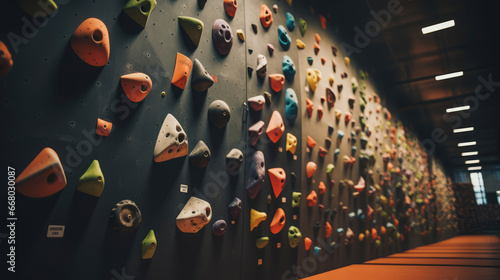 Detailed view of climbing holds affixed to wall in climbing gym. photo