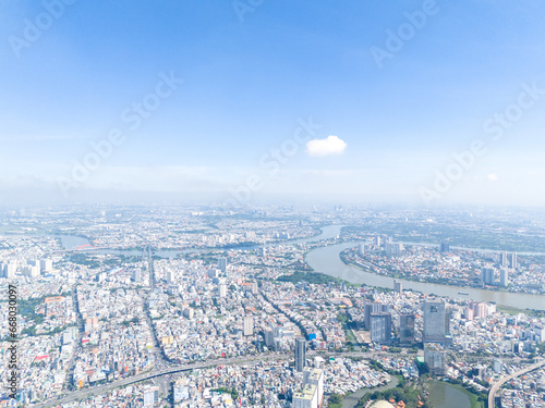 Aerial view of Ho Chi Minh City skyline and skyscrapers in center of heart business at Ho Chi Minh City downtown.
