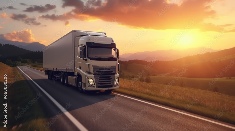 Highway Haulers: Cargo Truck Speeding through Countryside at Sunset, Painting a Picture of Efficient Logistics and the Heartbeat of Freight Transport..