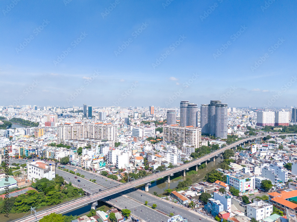 Aerial view of Ho Chi Minh City skyline and skyscrapers in center of heart business at Ho Chi Minh City downtown.