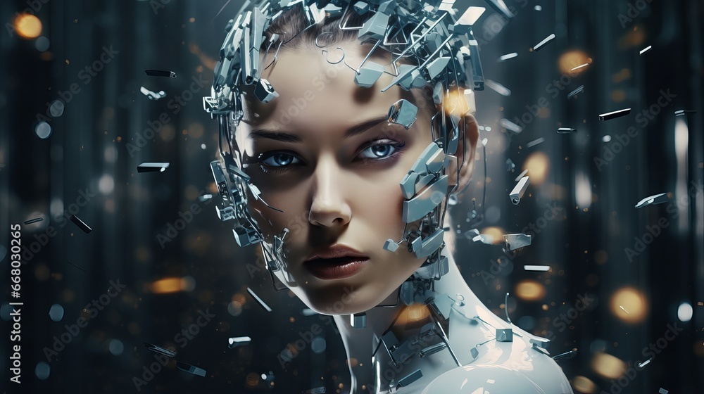 A humanoid robot model with a fragmented face, portraying modern technology and a blend of fashion and cybernetic design.