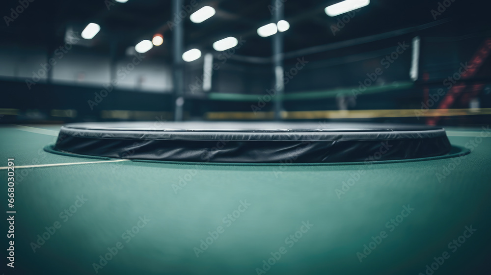 Trampoline on clean gym floor no individuals. Stock Photo Adobe Stock