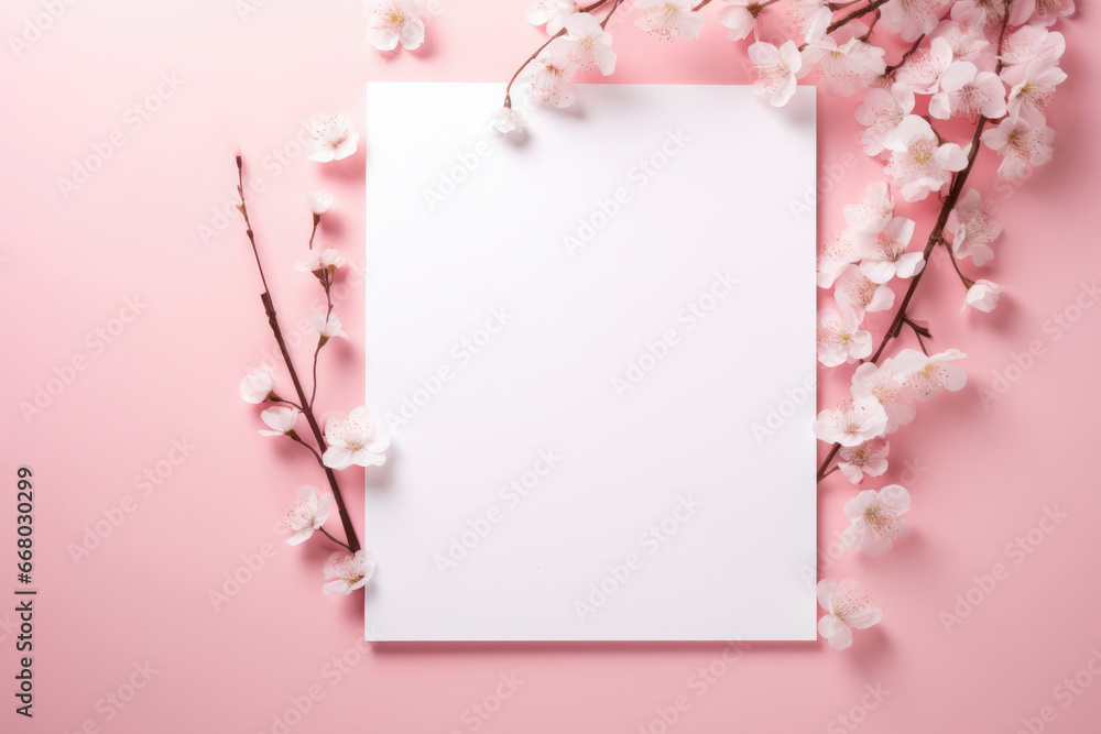 A white vertical blank sheet of paper on a pink background with spring flowers. Postcard layout