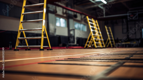 Agility ladder rungs on gym floor with equipment in background no individuals. photo
