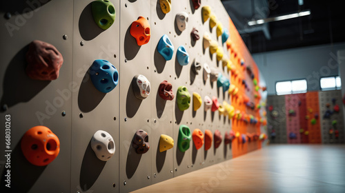 Climbing holds affixed to climbing gym wall no individuals.