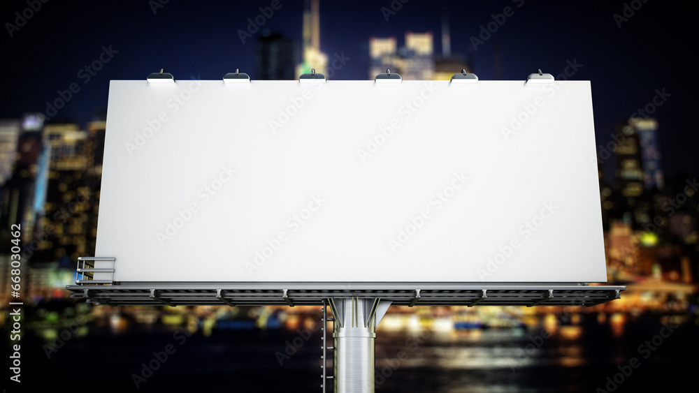 Blank outdoor billboard on a metal post against city background. 3D illustration Blank outdoor billboard on a metal post against city background. 3D illustration