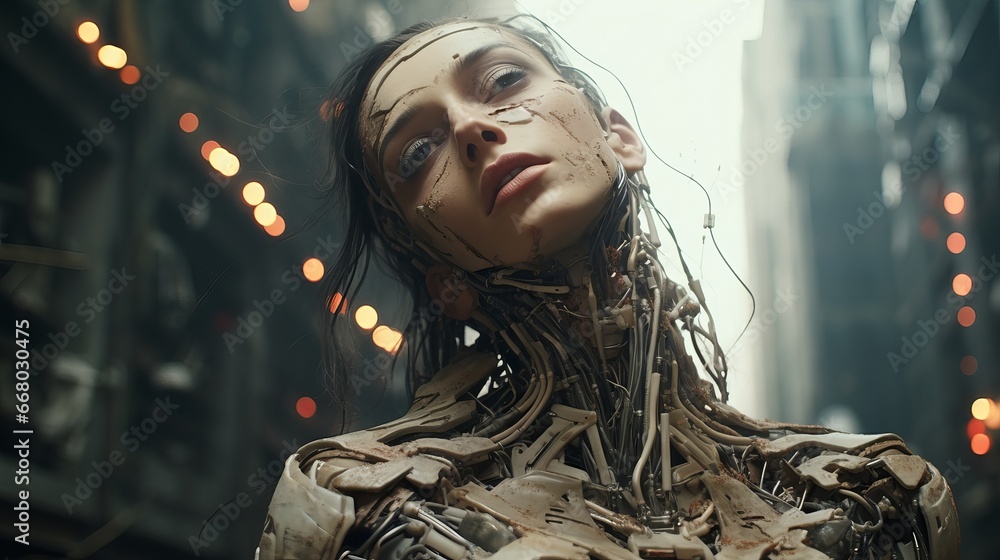 A cyborg figure with a disturbed and shattered body, expressing a sense of anxiety and technological fashion. A cyborg figure with a disturbed and shattered body, expressing a sense of anxiety and technological fashion.