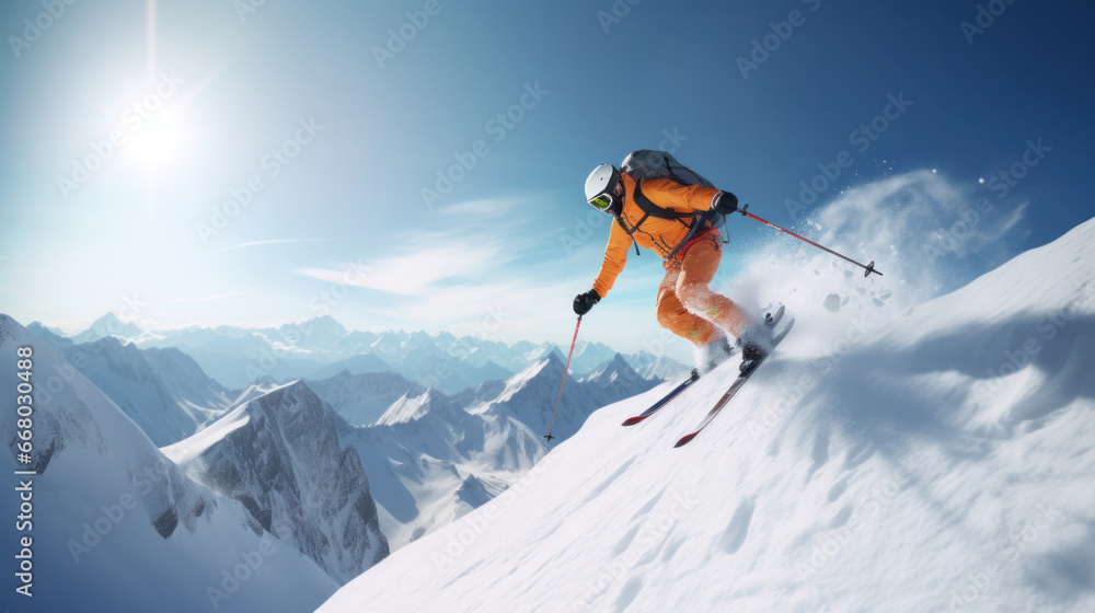 Skyward Bound: A Skier, Adorned with Professional Gear, Takes a Majestic Leap Against the Sunlit Mountain Canvas, Marrying Skill and Nature's Beauty..