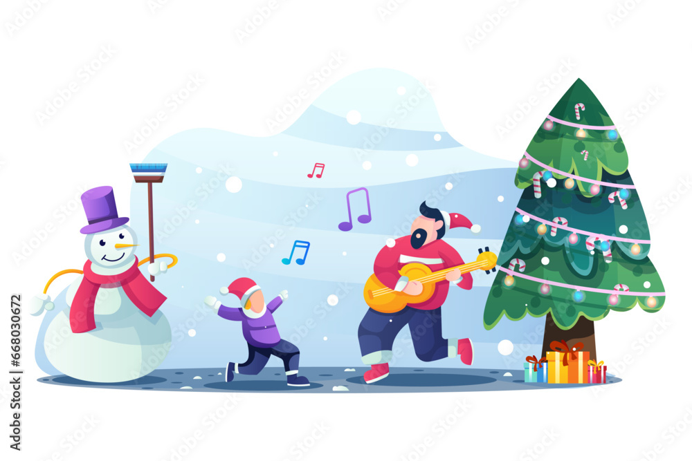 children playing with snowmen on christmas day illustration