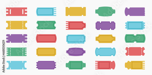Set of retro colorful tickets shapes, stickers, labels with copy space, old fashioned ticket frames, vector design elements.
