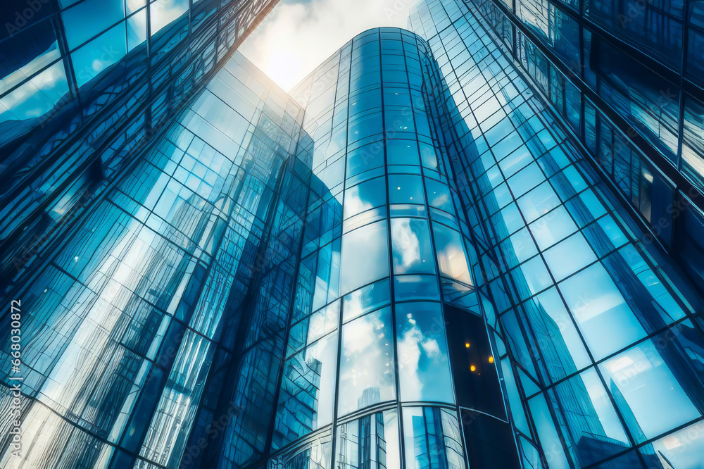 Reflective skyscrapers, business office buildings. Low angle photography of glass curtain wall details of high-rise buildings.The window glass reflects the blue sky and white clouds - obrazy, fototapety, plakaty 