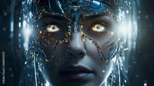 A superwoman with glowing eyes in a bright and abstract composition, emphasizing modern technology, fashion, and artificial intelligence.