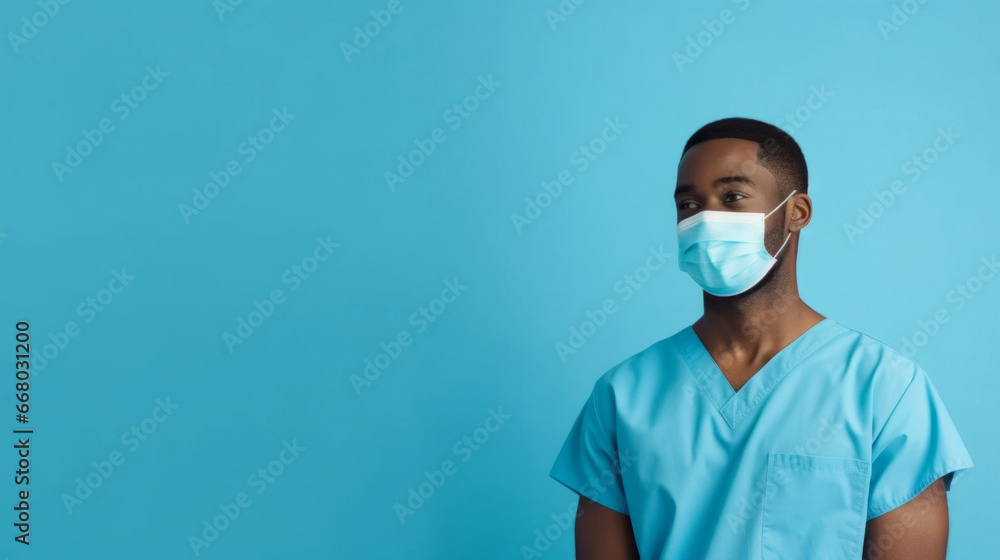Friendly medical doctor or nurse in blue uniform scrubs on copyspace background. Friendly medical doctor or nurse in blue uniform scrubs on copyspace background.