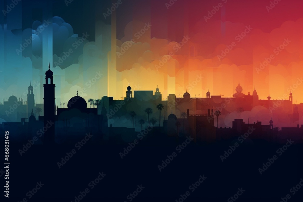 Layered gradient skyline of Marrakesh landmarks. Generative AI