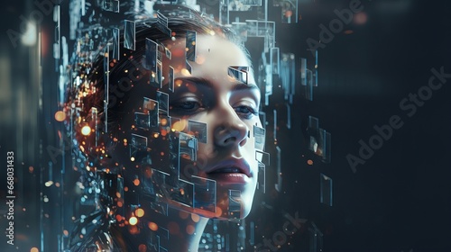A virtual woman behind shattered glass, presenting a distorted and anxious face, highlighting the fusion of digital and cybernetic elements.
