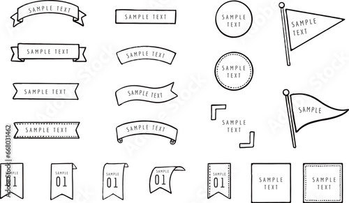 手描きのフレームの水彩画イラストのセット、リボン・ラベル・旗等