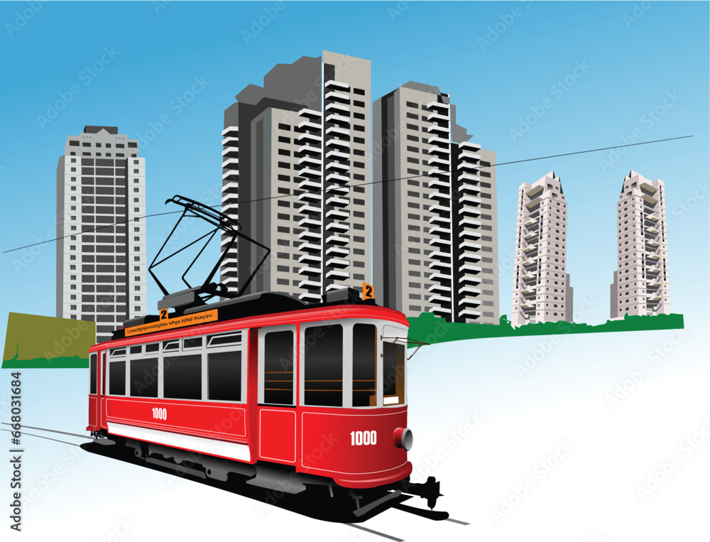 Dormitory and rarity tram. Vector illustration