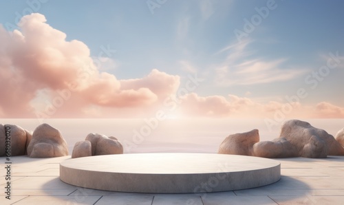 Serene scene with empty podium for display or product showcase with soft sky, fluffy clouds, and nature accents