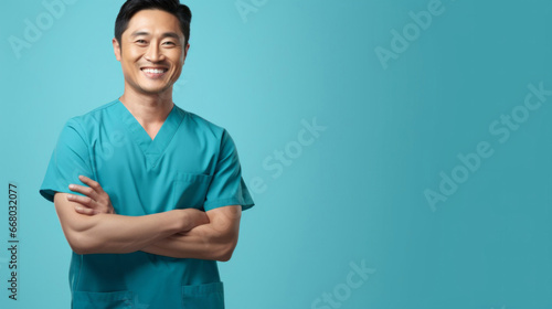 Friendly medical doctor or nurse in teal uniform scrubs on copyspace background. photo