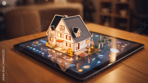 The screen tablet displays a miniature model of a house