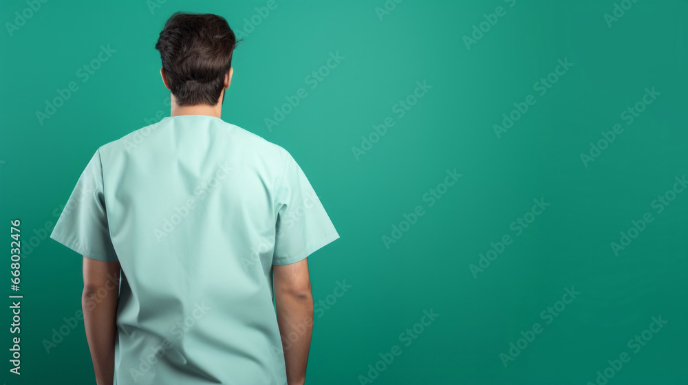Fototapeta premium Friendly medical doctor or nurse in green uniform scrubs on copyspace background.