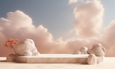 Serene scene with empty podium for display or product showcase with soft sky, fluffy clouds, and nature accents