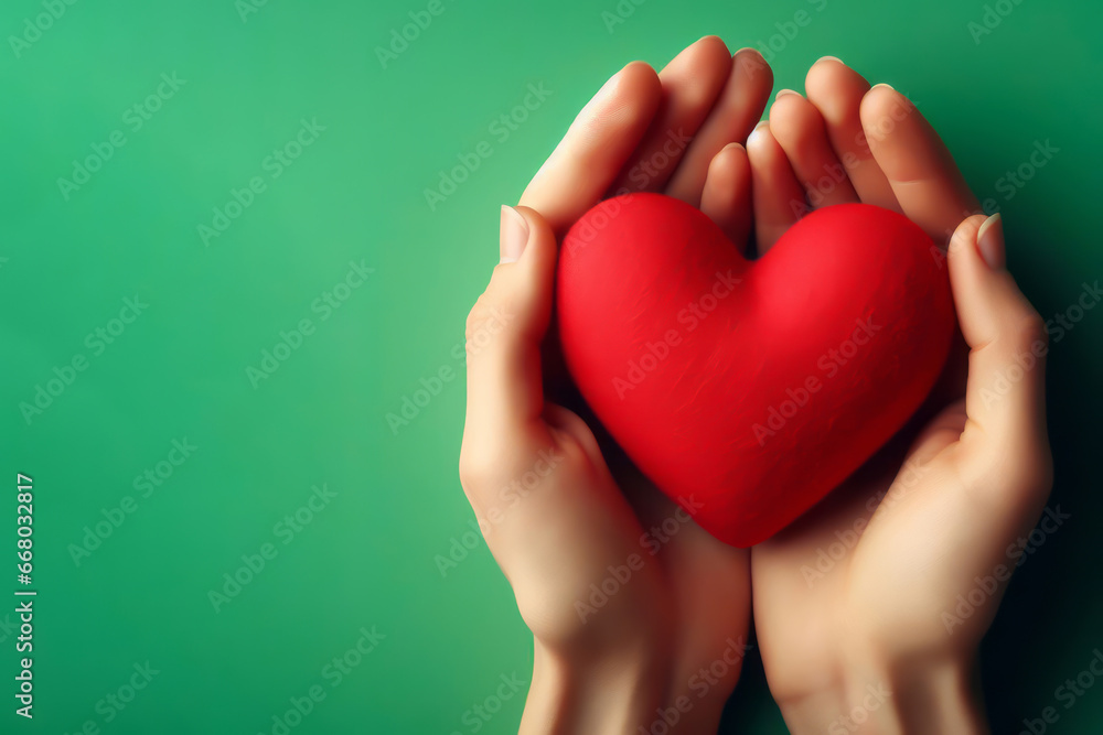 Obraz premium hands hold a red heart on a green background
