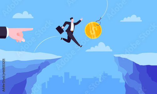 Fishing money chase business concept with businessman running after dangling dollar jumps over the cliff. Working hard and always busy in the loop routine flat style design vector illustration.