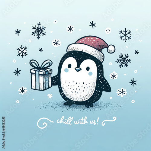 Cute penguin with gift, Christmas card, Chill with us photo