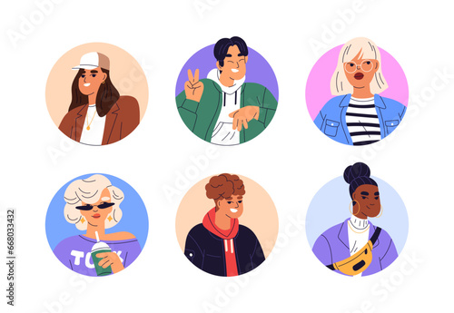 Young men, women faces set. Modern trendy characters in circled user profiles, male and female head portraits. Happy people avatars. Flat graphic vector illustrations isolated on white background
