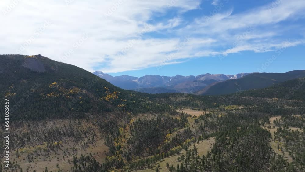 Aerial pull back from beautiful mountain scenery of Rocky Mountain National Park, Colorado. Aerial pull back from beautiful mountain scenery of Rocky Mountain National Park, Colorado.
