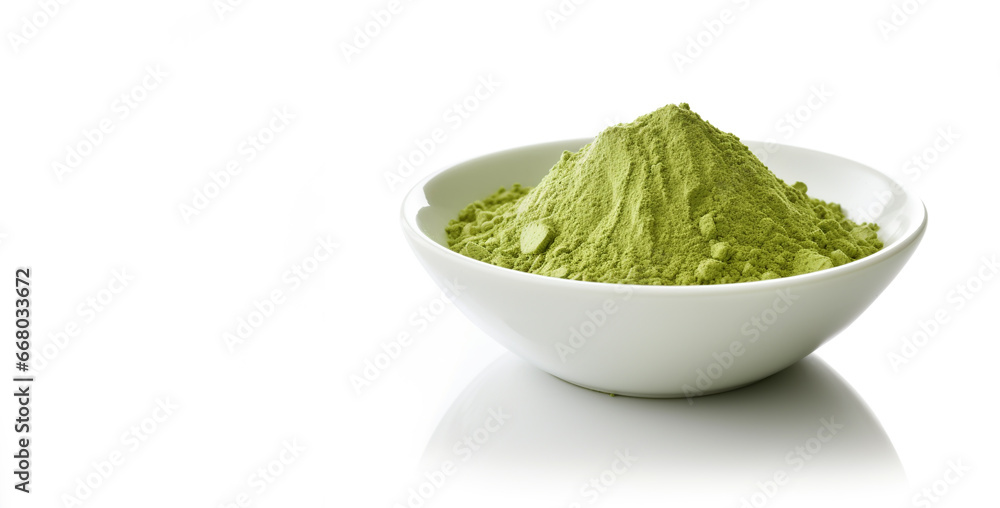 Green Barley Sprout grass and bowl of green detox powder isolated on white. Banner with Copyspace. Green Barley Sprout grass and bowl of green detox powder isolated on white. Banner with Copyspace.