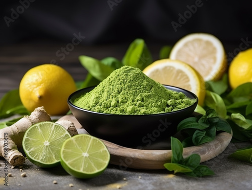 Healthy food and drink concept. Green detox powder assortment