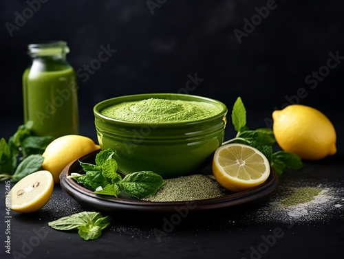 Healthy food and drink concept. Green detox powder assortment